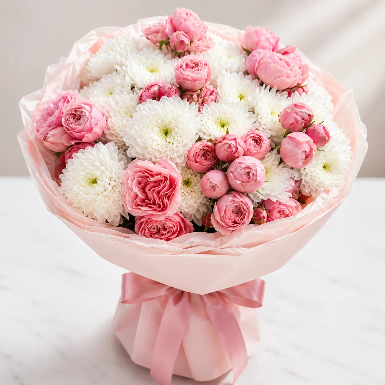Soft Romance – Peony Chrysanthemum Bloom featuring 7 white chrysanthemums and 7 pink peony roses in premium floral wrapping